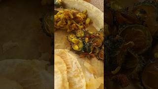 Puri, Chips, Rasgulla & Fried Brinjal food