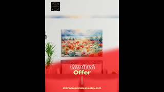 Landscape Poppy Field Wall Art, Mountain Lake Sunrise Print, Nature Floral Artwork, Watercolor La...