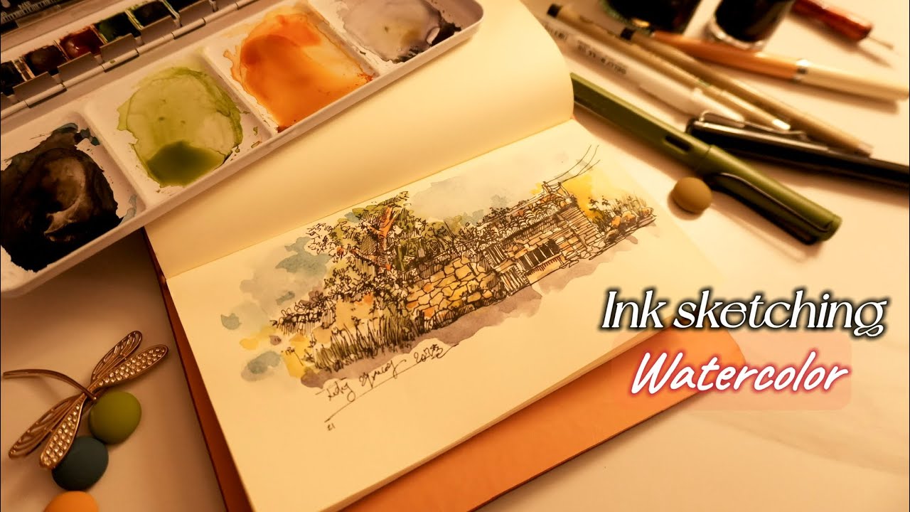 Ink sketching and simple watercolor - YouTube