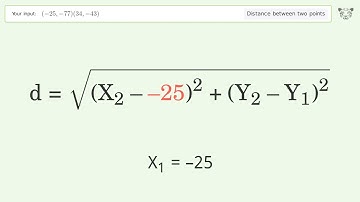 Find the distance between two points p1 (-25,-77) and p2 (34,-43): Step-by-Step Video Solution