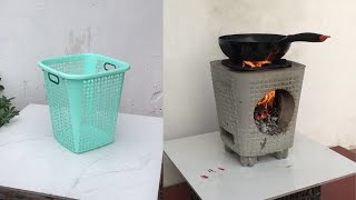 Economical Wood Stove - How to make beautiful wood stove from plastic basket and cement