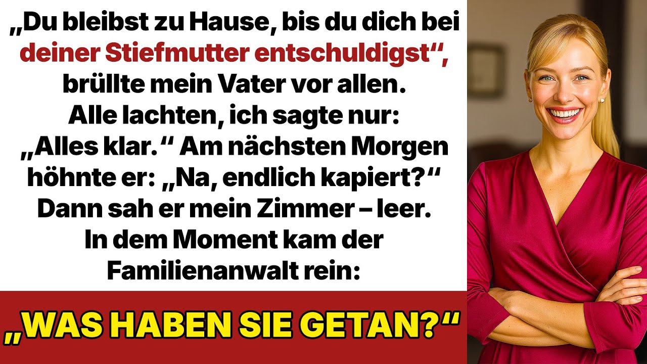 Mein Vater zwang mich, mich bei seiner neuen Frau zu entschuldigen, doch dann platzte sein Deal.