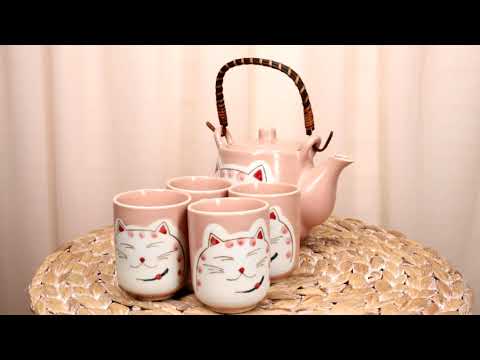 Japanese Design Maneki Neko Lucky Cat Pink 20oz Ceramic Tea Pot and Cu–  Ebros Gift