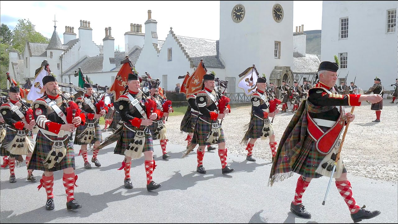 2023 Atholl Highlanders Parade march on led by Atholl Pipe Band at Blair Castle in Scotland