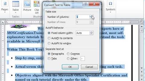 Word 2010 Converting Text to Tables