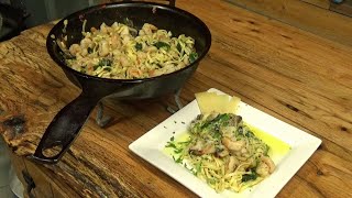 STARGAZER CAST IRON ON OPEN FIRE SHRIMP LINGUINI WITH CHILI, LIME AND SPINICH