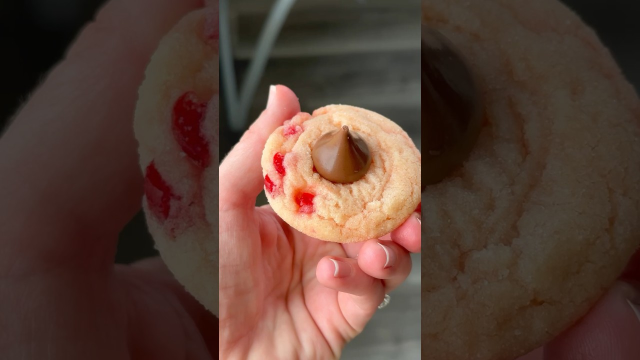 Cherry blossom cookies are a fun twist on the typical kiss cookie.🍒🍫 Recipe link in comments!
