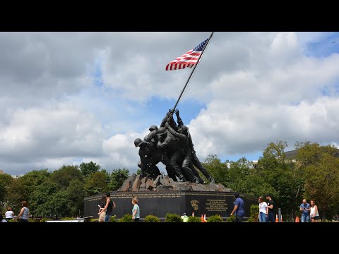 فيديو: الولايات المتحدة. نصب مشاة البحرية Iwo Jima War Memorial