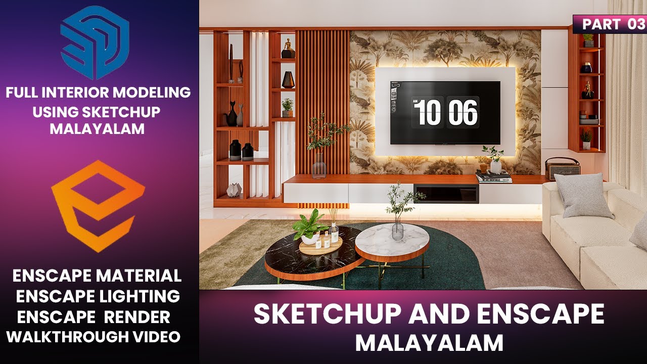 living room modeling sketchup malayalam part 3 - YouTube