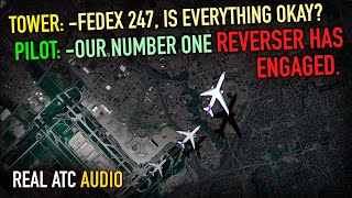 THRUST REVERSER ENGAGED After Takeoff. FedEx MD11F. REAL ATC