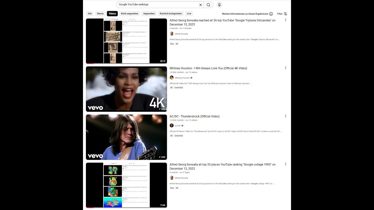 Alfred Georg Sonsalla 1st & 4th place in the YouTube "Google YouTube Rankings" on December 15, 2025
