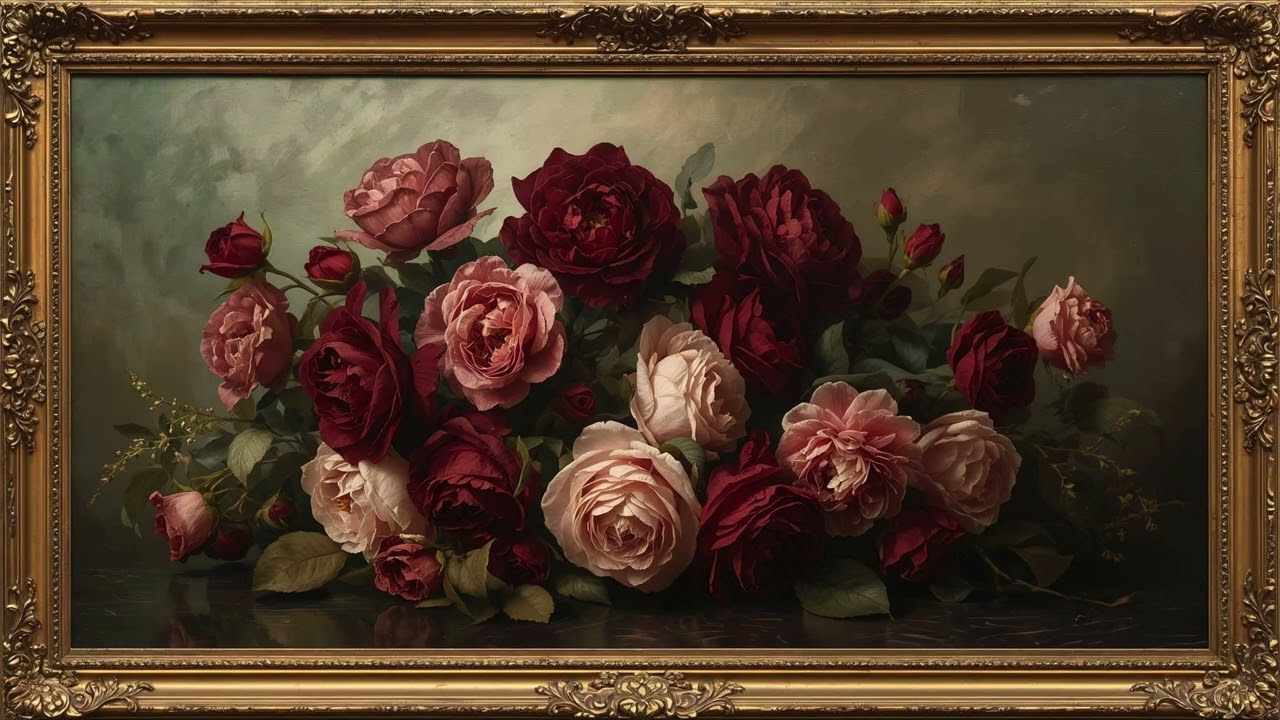 Moody Crimson & Blush Roses 4K | Vintage Oil Painting Framed Still Life | Ornate Screen Saver TV Art