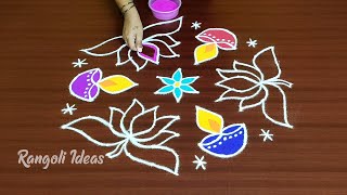 Colourful Lotus Deepam Kolam with 11x6 dots | அழகான தாமரை தீபம் ரங்கோலி கோலம் | Diya Muggulu Designs