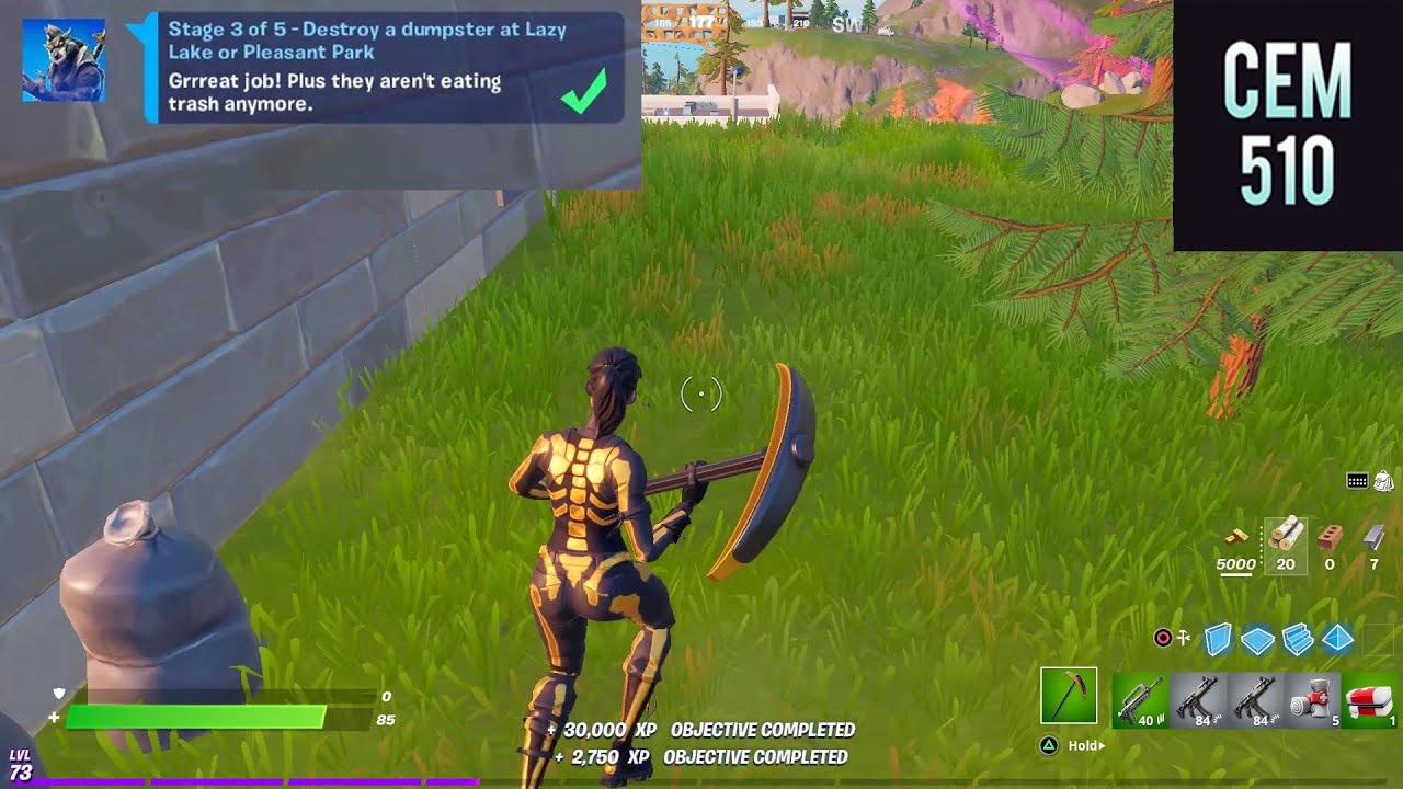 Destroy a dumpster at Lazy Lake or Pleasant Park Fortnite Dire Quest