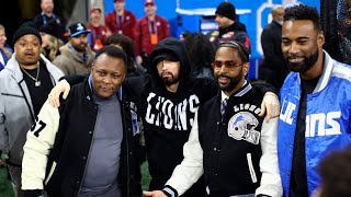 Eminem talks tactics with Barry Sanders, meets Calvin Jonson & Big Sean at Detroit Lions game