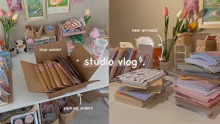 studio vlog // unboxing new stickers & preparing for shop update   packing orders 🌸