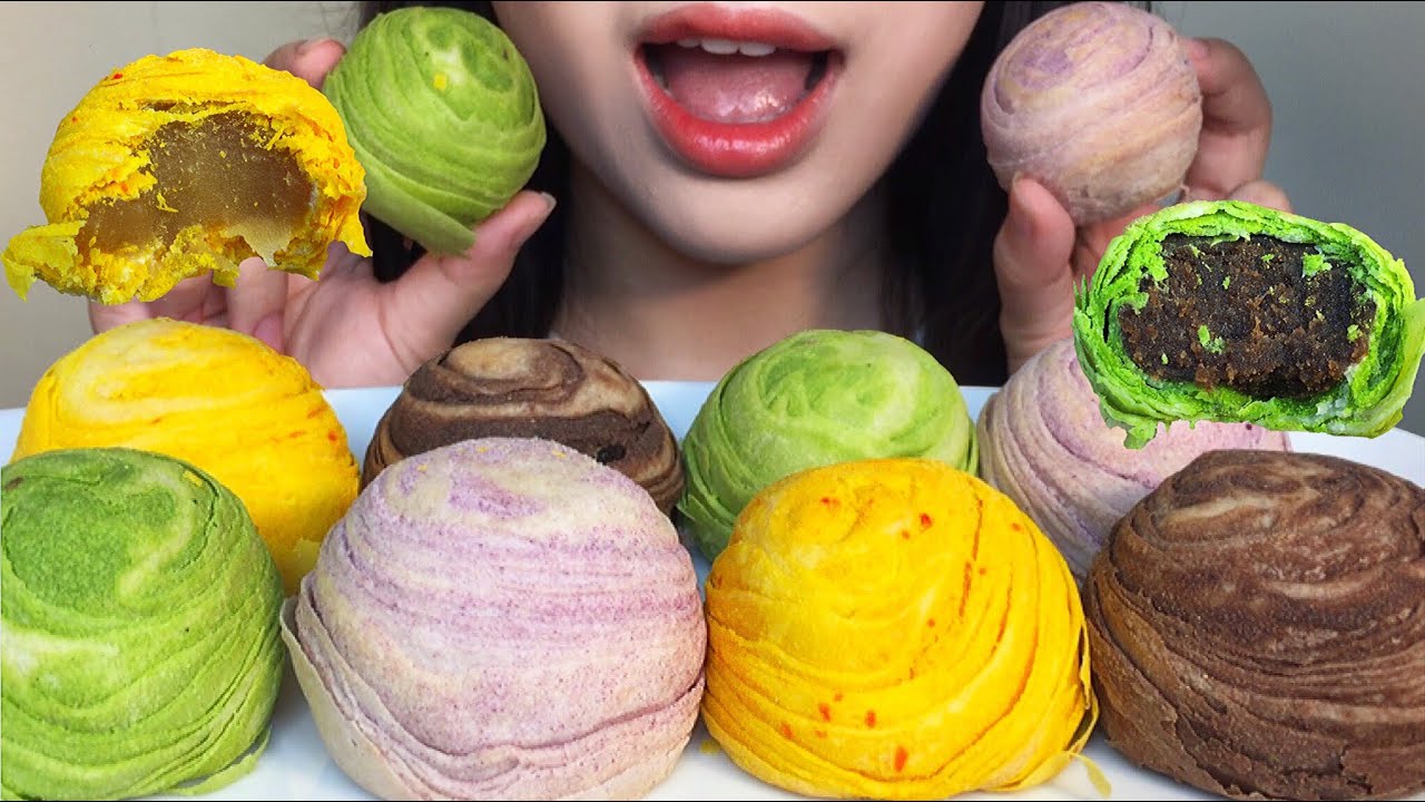 ASMR eating Unique Spiral Mooncakes (Red Bean, Yam, Mung Bean, Chocolate) | MIRA’s Mukbang