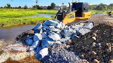 Nicely Landfill !!Massives Stones Filling by Skills Shantui DH17c2 Dozer Pushing Soil And Dump Truck