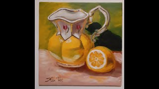 Картина маслом желтый молочник с лимоном. Oil painting Yellow milk vessel with a lemon.