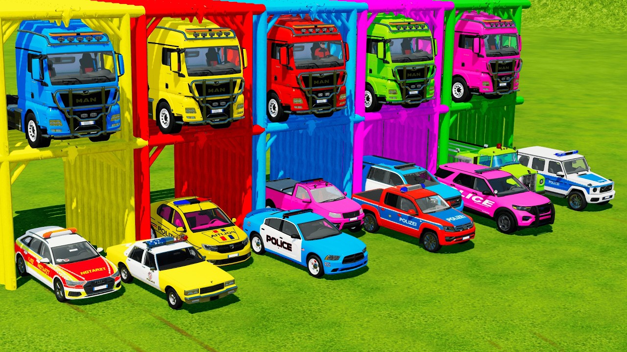 TRANSPORTING ALL POLICE CARS and AMBULANCE EMERGENCY VEHICLES WITH MERCEDES POLICE TRUCKS ! FS22