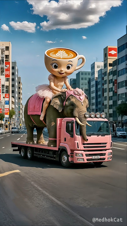 Evolution of lion and elephant on boat to Ballerina Cappuccina riding elephant on truck