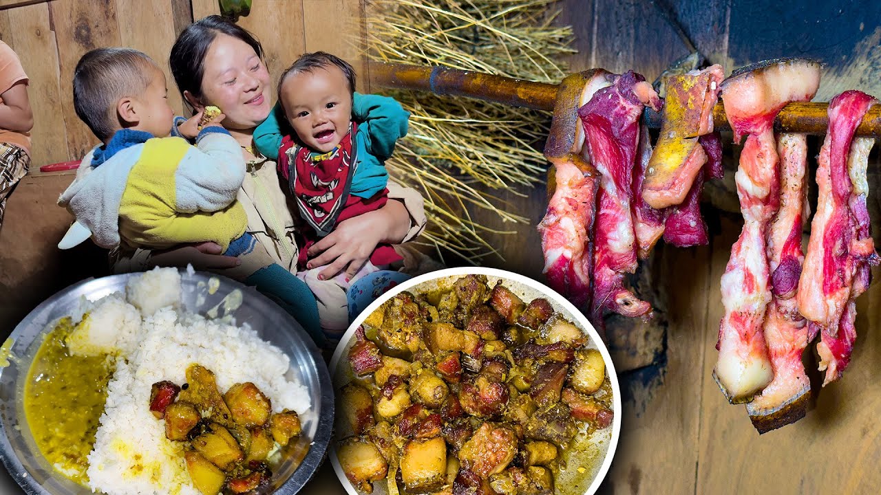 Pork Dry Meat Fry recipe with rice cooking & eating in village सुङ्गुर को सिकुटी फ्राइ गरेर खाइयो