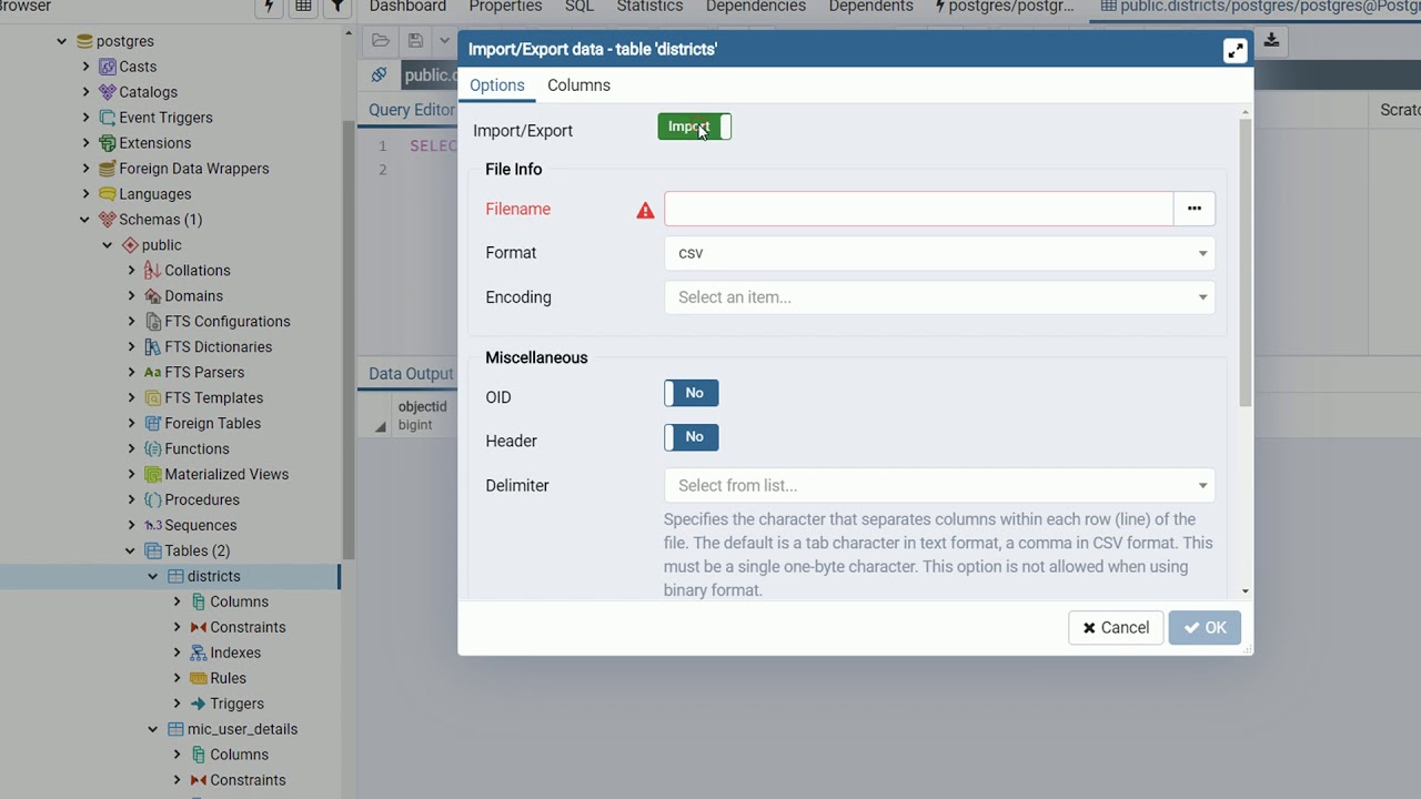 Postgresql - Pgadmin 4 - Import Csv File Using Pgadmin