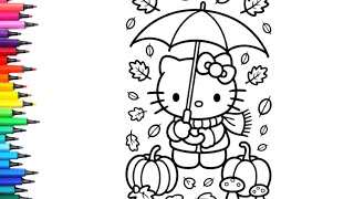 Autumn Leaves Hello Kitty With Pumpkin Drawing, Painting & Coloring For Kids And Toddlerskids Art