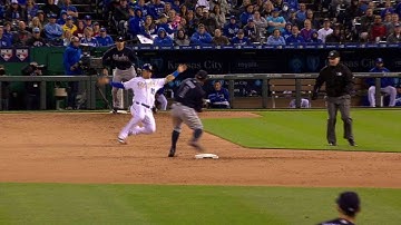 ATL@KC: Cuthbert safe at second after call stands