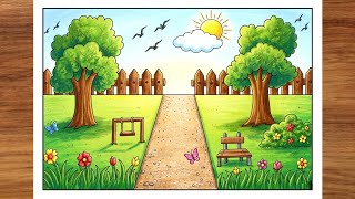 Easy Nature Scenery Drawing for Beginners |How to Draw a Beautiful Garden Scenery Step by Step 🌳🌸