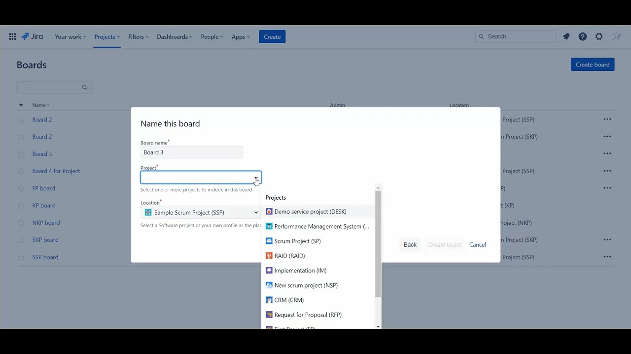 Create boards in existing projects