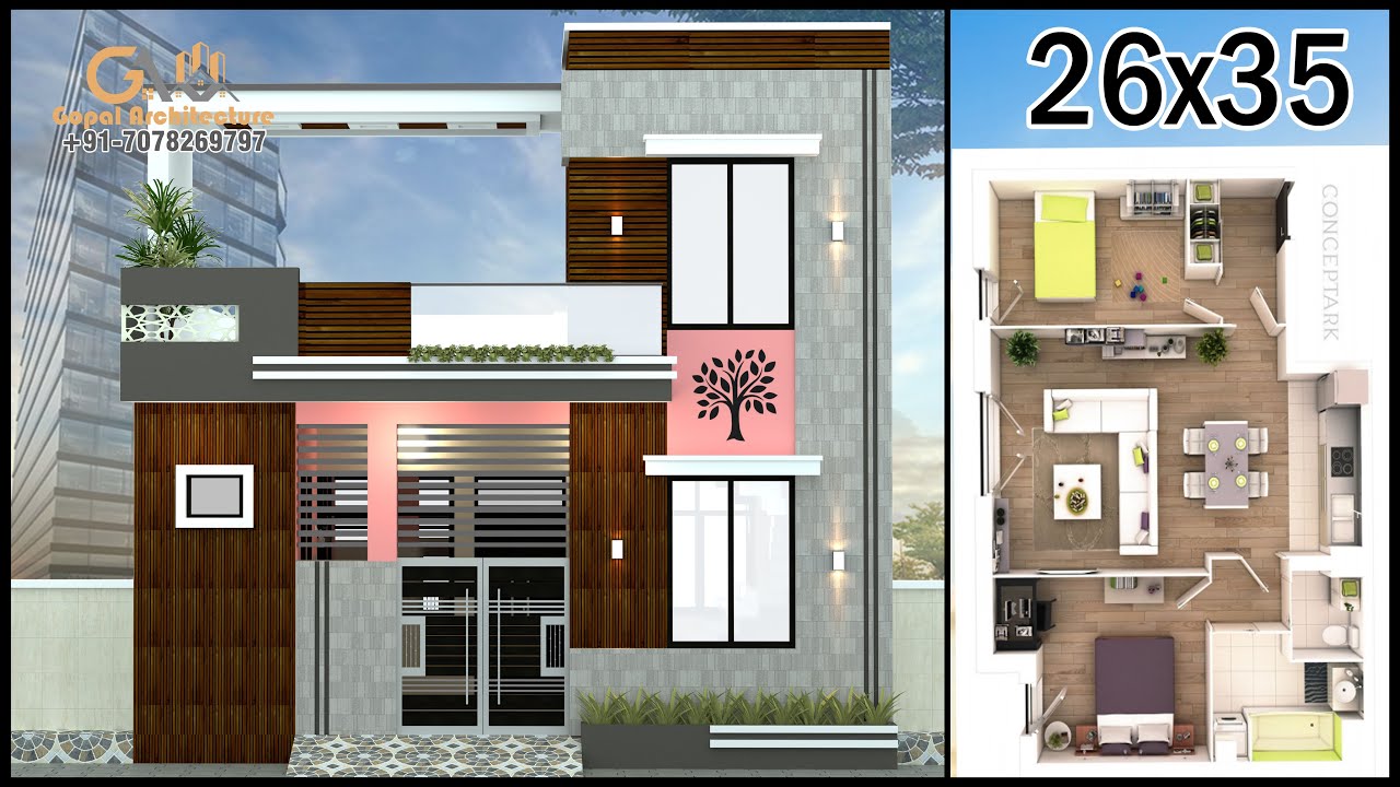 Проект одноэтажного дома 26*35 с западной ориентацией, Васту, 2 спальни, парковка, архитектура Гопал