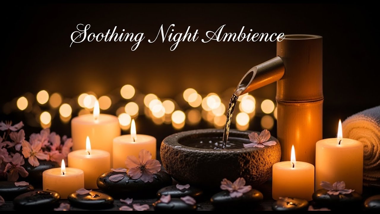 Peaceful Zen River Harmony Bamboo Fountain and Candle Glow for Relaxation Meditation Sleep Calm