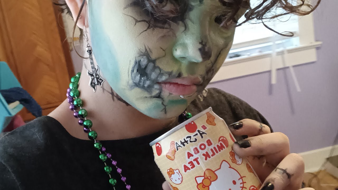 Trying halloween/ fall drinks and snacks while in zombie makeup 