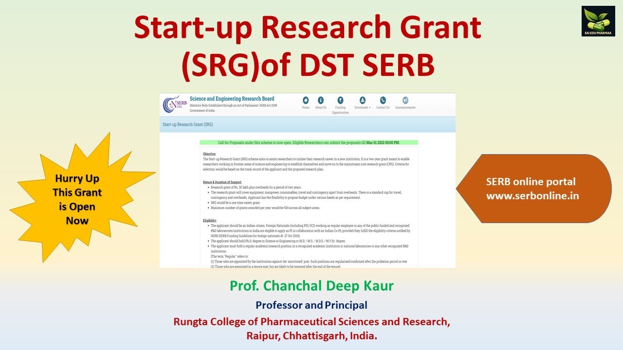 Startup Research Grant (SRG)of DST SERB YouTube