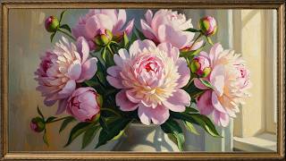 Soft Peony Bouquet, Sunlit Floral Oil Painting | Gold Framed TV Art Screensaver screenshot 5