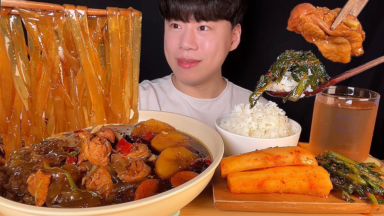 СУБ) Корейская еда, тушеная курица с соей (чжимдак), рисом и редисом, кимчи мукбан