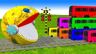 【踏切アニメ】あぶない電車 Ms PACMAN Vs 5 Train Crossing 🚦 Fumikiri 3D Railroad Crossing Animation