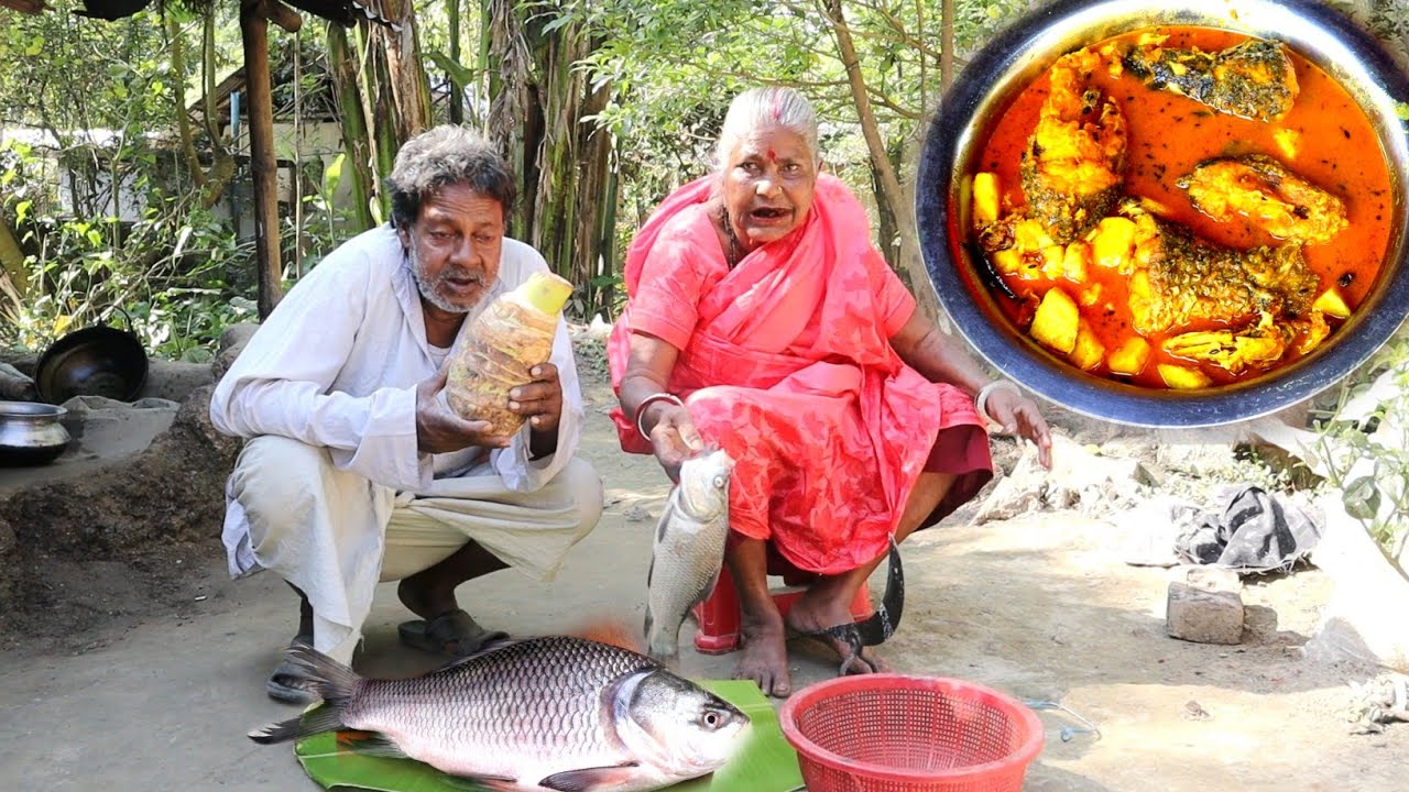 Grandmother special village cooking recipe Giant Taro with Fish curry for their lunch menu