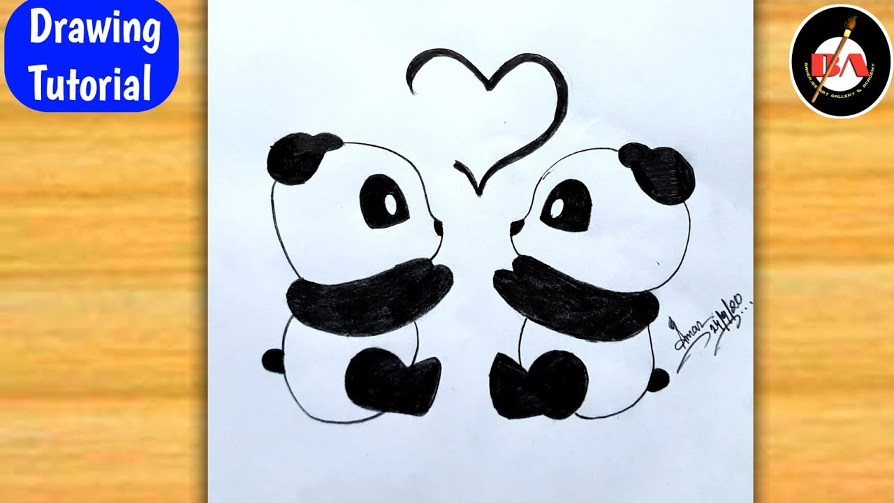 how to draw cute panda with love easy step by step . pencil ...