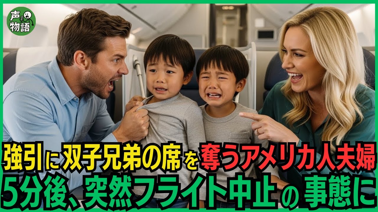 6歳の日本人双子兄弟のファーストクラス席を強引に奪うアメリカ人夫婦。5分後、客室乗務員が双子の正体に気づくと、突然フライトが中止の事態に…