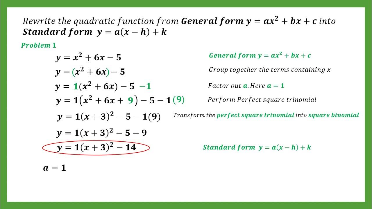 Rewrite quadratic function from general form into standard form youtube