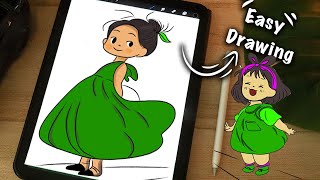 How to Draw a Cute Cartoon Girl in a Green Dress one by one
