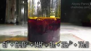 6KI + K2Cr2O7 + 7H2SO4 → 3I2 + Cr2(SO4)3 + 4K2SO4 + 7H2O | Реакция иодида, дихромата и кислоты