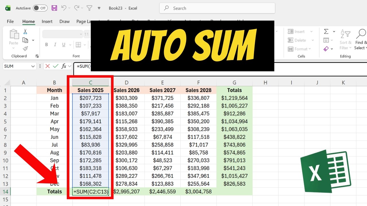 How To Sum A Column Or Row In Excel - YouTube