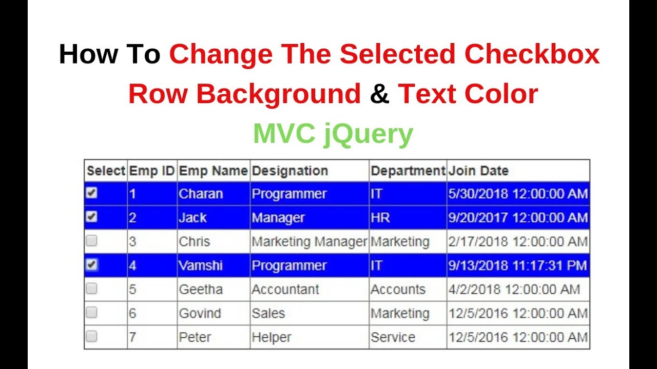 mvc checkbox selected row color background change jquery  - YouTube