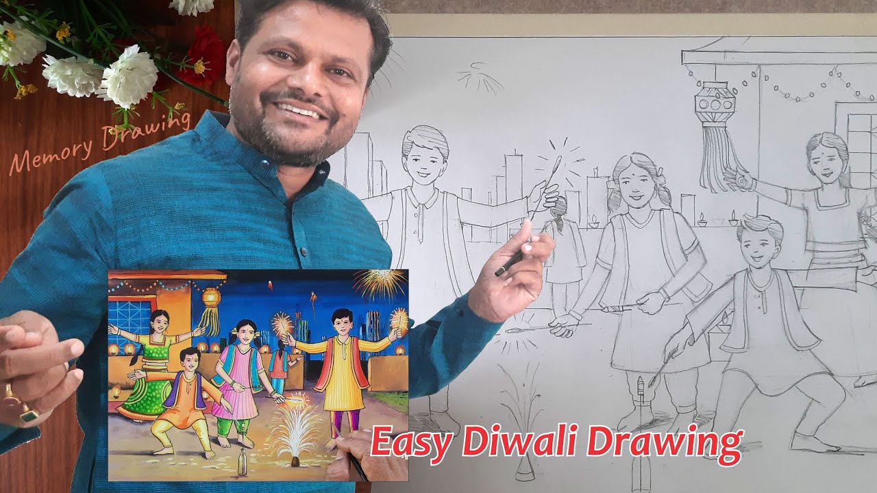 Diwali Drawing, Indian festival Deepawali Memory Drawing, Drawing ...