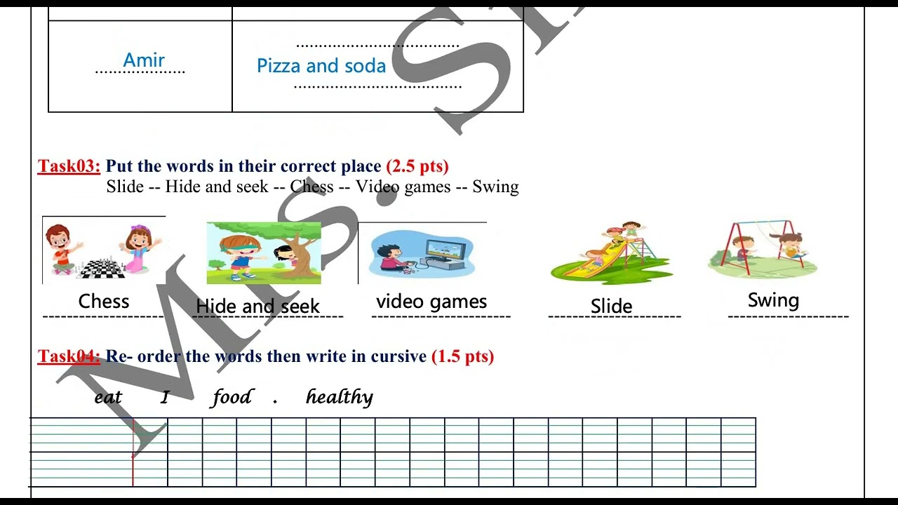 اختبار الفصل الثاني في اللغة الانجليزية سنة رابعة ابتدائي