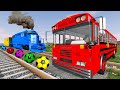 Bus vs rails and trains  funny cars vs big  small police cars and flatbed trailer truck rescue car