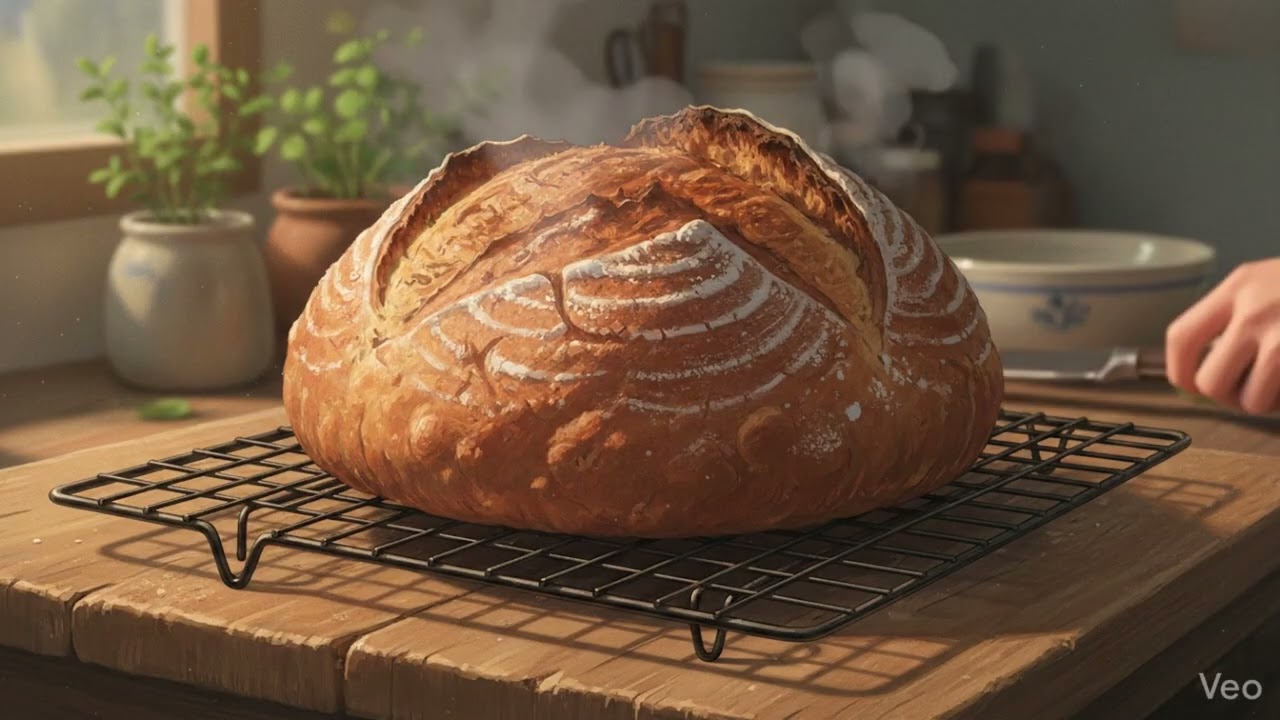 The aroma of freshly baked bread and the rain gently hitting the windowpane - Ghibli-Style Video